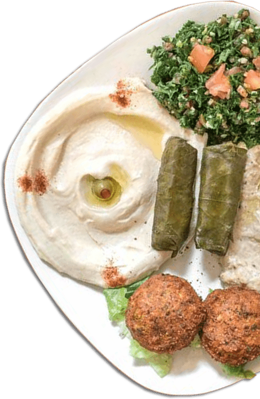 Falafel, hummus, tabbouleh and dolmades plate